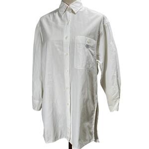 Vintage 90s DKNY White Button-Up Tunic Top Silver Contrast Stitch Size Small